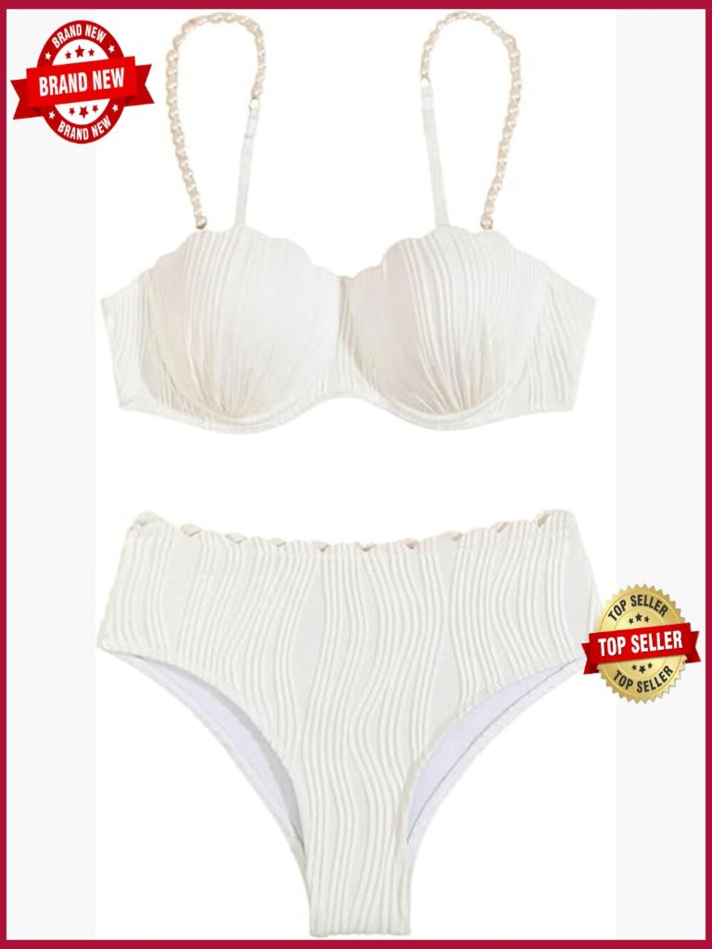 High Waisted Bikini Set Beaded Scallop Trim Triangle Swimsuit
